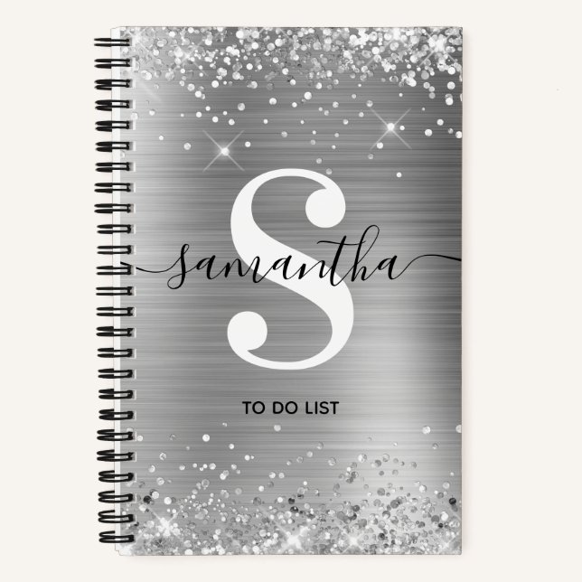 Glittery Silver Foil Signature Monogram To Do List Notebook (Front)