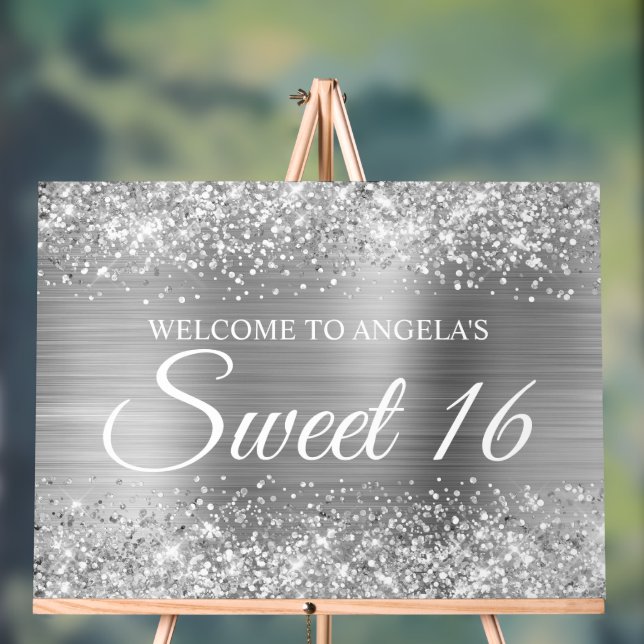 Glittery Silver Foil Sweet 16 Acrylic Sign (Neutral)