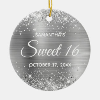 Glittery Silver Foil Sweet 16 Birthday Ceramic Tree Decoration