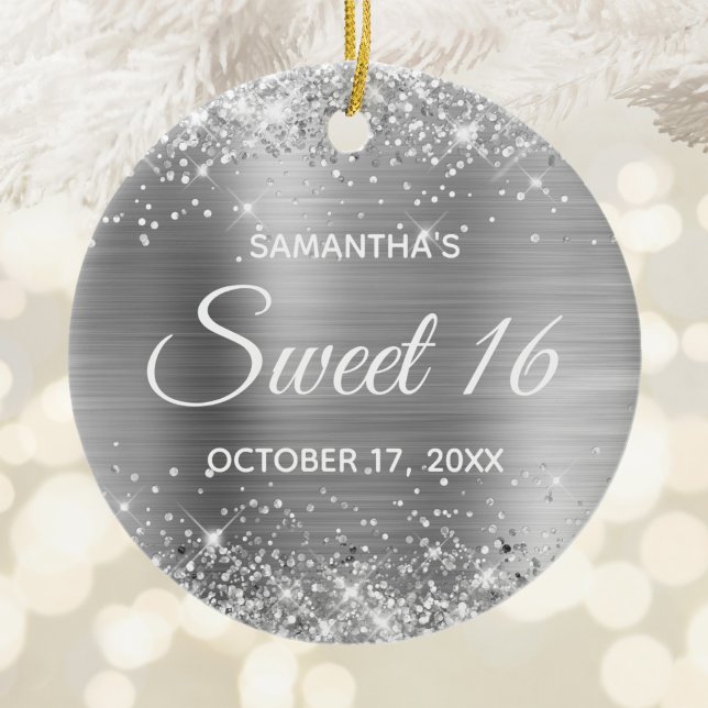 Glittery Silver Foil Sweet 16 Birthday Ceramic Tree Decoration (Glittery Silver Foil Sweet 16 Birthday Ceramic Ornament)