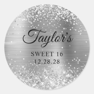 Glittery Silver Foil Sweet 16 Classic Round Sticker