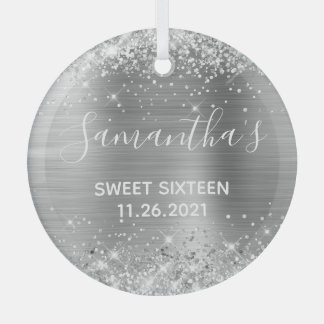 Glittery Silver Foil Sweet 16 Glass Tree Decoration