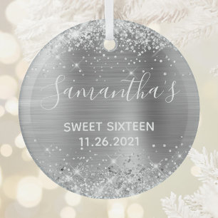 Glittery Silver Foil Sweet 16 Glass Tree Decoration