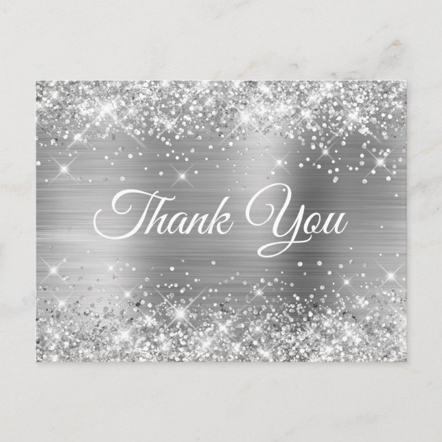 Glittery Silver Foil Sweet 16 Thank You Postcard (Front)