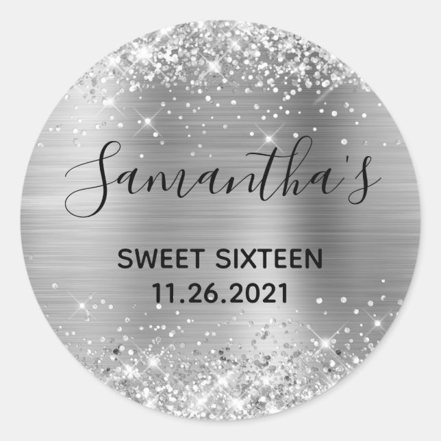 Glittery Silver Foil Sweet Sixteen Classic Round Sticker (Front)