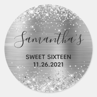 Glittery Silver Foil Sweet Sixteen Classic Round Sticker