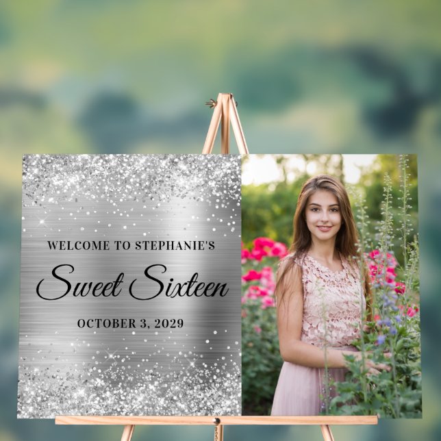 Glittery Silver Foil Sweet Sixteen Welcome Acrylic Sign (Neutral)