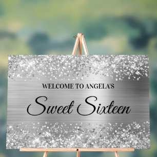 Glittery Silver Foil Sweet Sixteen Welcome Acrylic Sign