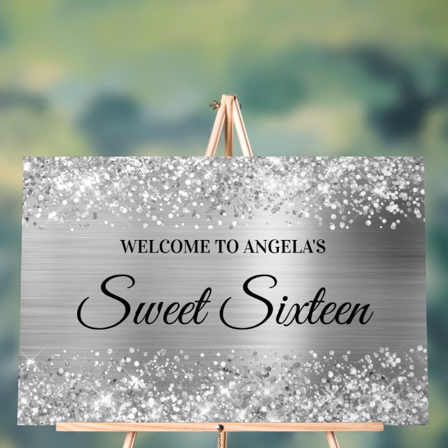 Glittery Silver Foil Sweet Sixteen Welcome Acrylic Sign (Neutral)