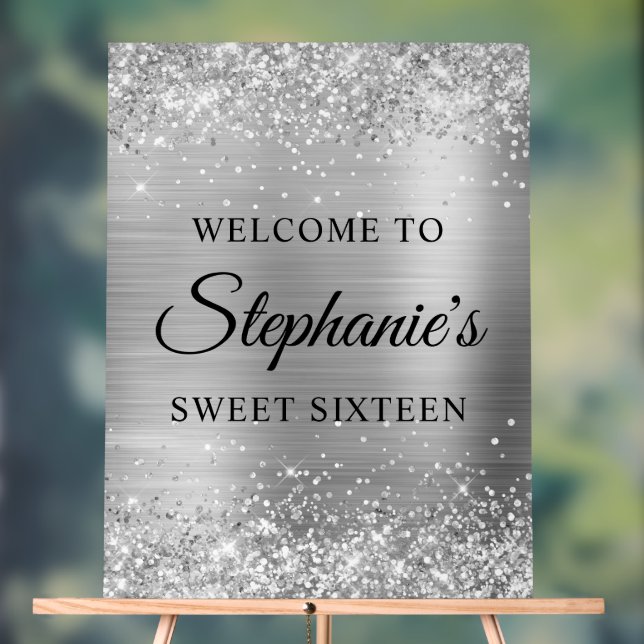Glittery Silver Foil Sweet Sixteen Welcome Acrylic Sign (Neutral)