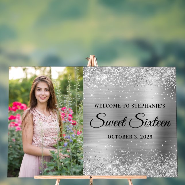 Glittery Silver Foil Sweet Sixteen Welcome Big Acrylic Sign (Neutral)
