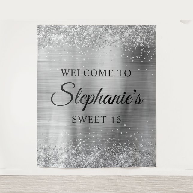 Glittery Silver Foil Welcome to Sweet 16 Tapestry (Front)