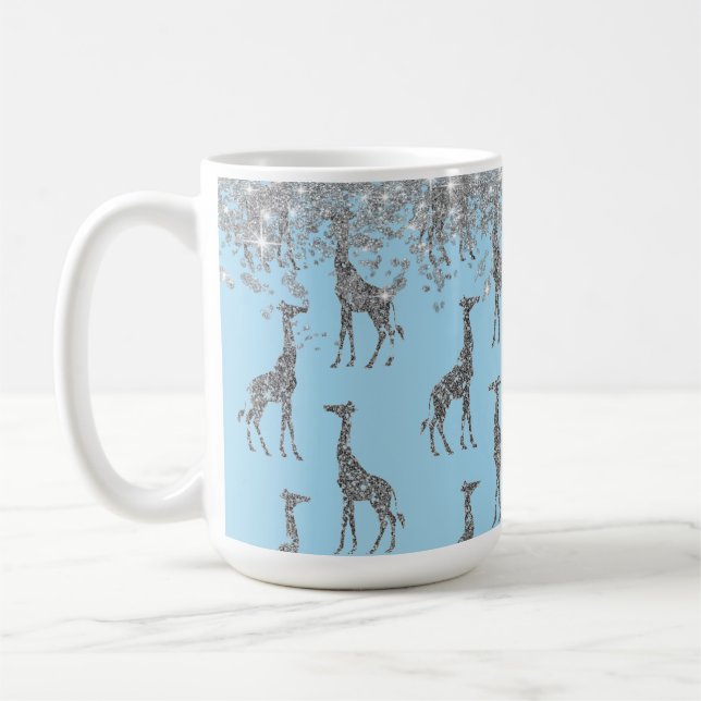 Glittery Silver Giraffe on Dreamy Blue      Coffee Mug (Left)