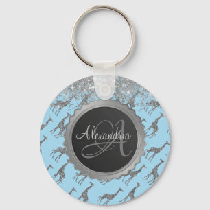 Glittery Silver Giraffe on Dreamy Blue Monogram Key Ring