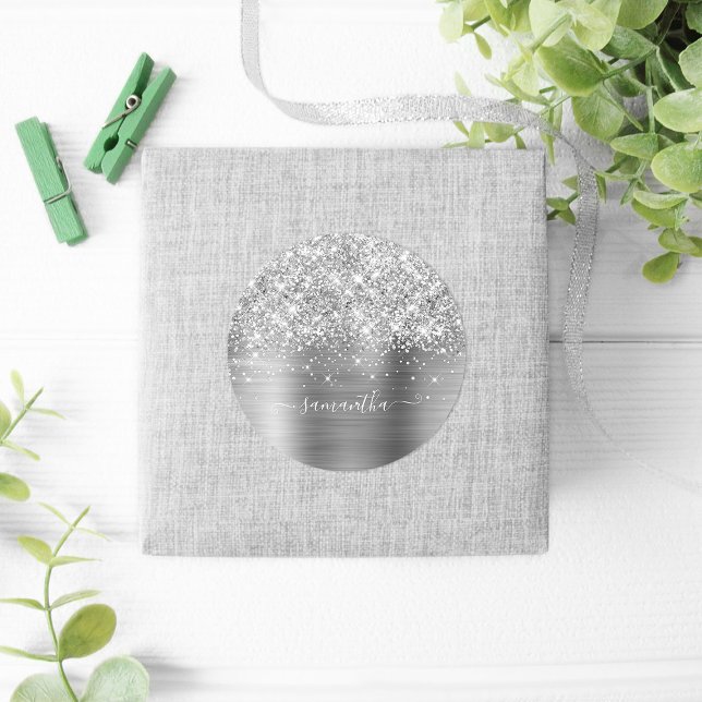 Glittery Silver Girly Signature Calligraphy Classic Round Sticker (Personalized Signature Style Favor Stickers)