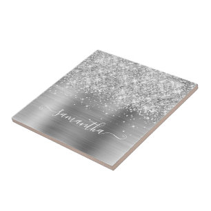 Glittery Silver Girly Signature Calligraphy Tile