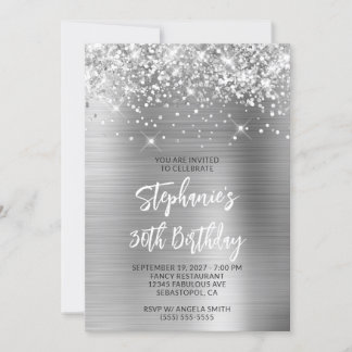 Glittery Silver Glam 30th Birthday Brush Script Invitation