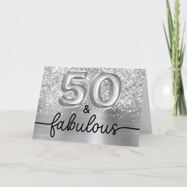 Glittery Silver Glam 50 and Fabulous Card (Front)