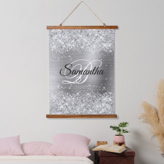 Glittery Silver Glam Fancy Monogram Hanging Tapestry