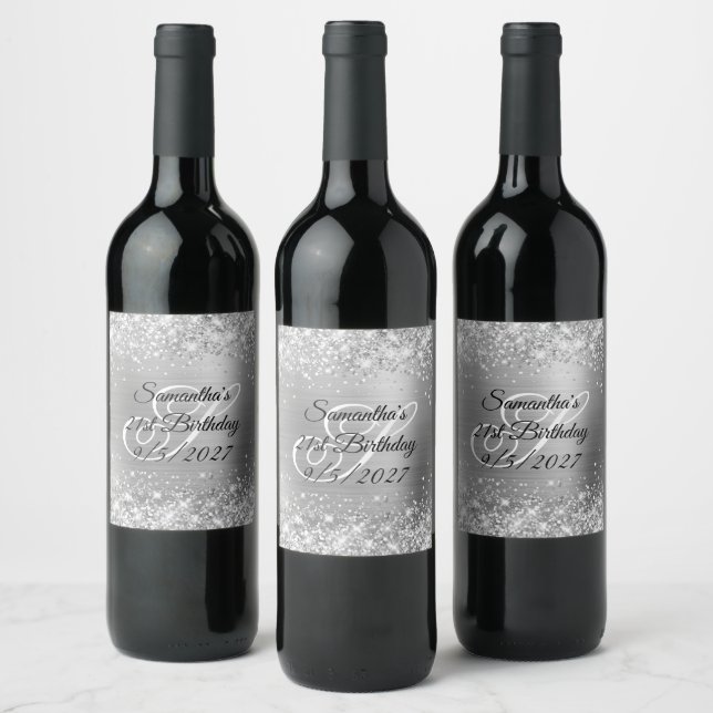 Glittery Silver Glam Monogram 21st Birthday Wine Label (Bottles)