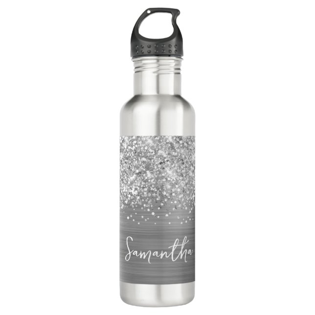 Glittery Silver Glam Name 710 Ml Water Bottle (Front)