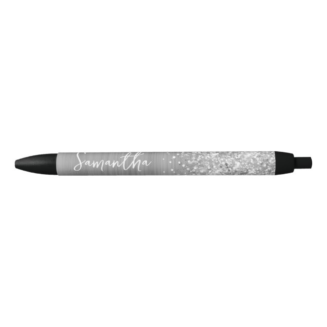 Glittery Silver Glam Name Black Ink Pen (Front)