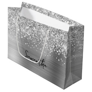 Glittery Silver Glam Name Large Gift Bag