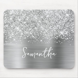Glittery Silver Glam Name Mouse Mat