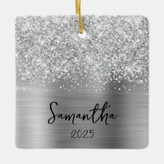 Glittery Silver Glam Name Photo Ceramic Ornament