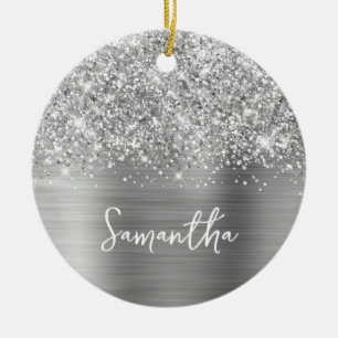Glittery Silver Glam Name Photo Ceramic Tree Decoration