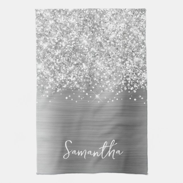 Glittery Silver Glam Name Tea Towel (Vertical)