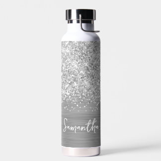Glittery Silver Glam Name Water Bottle