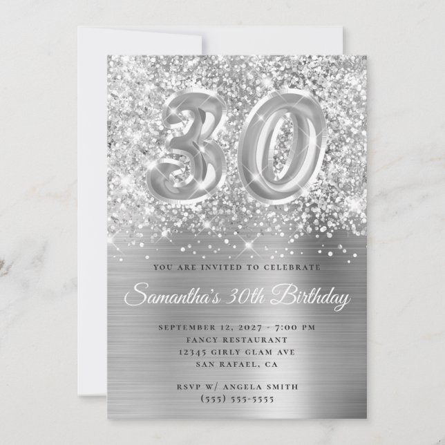 Glittery Silver Glam Number 30th Birthday  Invitation (Front)