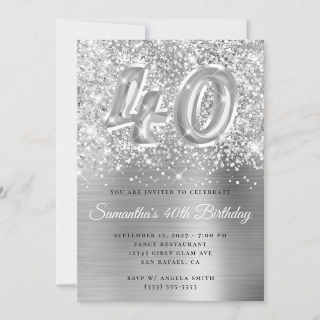 Glittery Silver Glam Number 40th Birthday Invitation (Front)