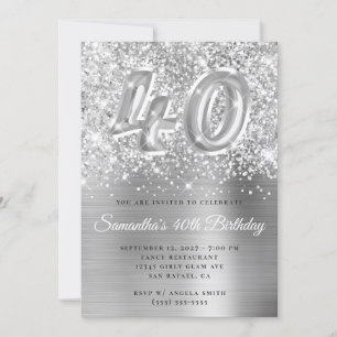 Glittery Silver Glam Number 40th Birthday Invitation