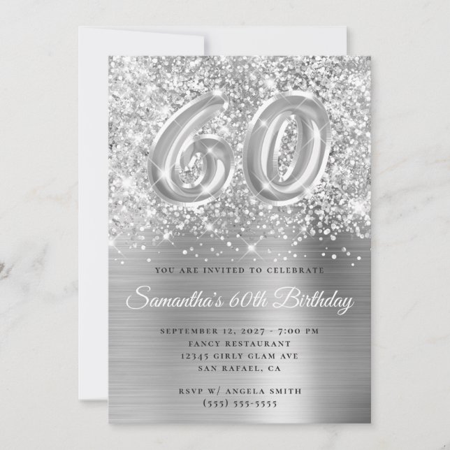 Glittery Silver Glam Number 60th Birthday Invitation (Front)