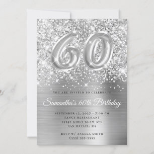 Glittery Silver Glam Number 60th Birthday Invitation