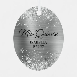 Glittery Silver Glam Quinceañera Ball Gown Photo Metal Tree Decoration
