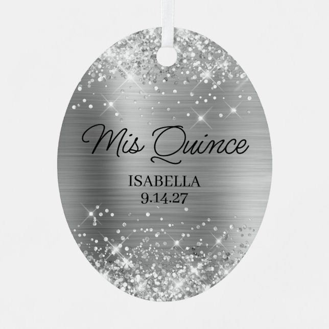 Glittery Silver Glam Quinceañera Ball Gown Photo Metal Tree Decoration (Front)