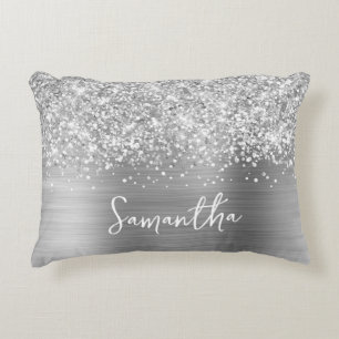 Glittery Silver Glam Script Name Decorative Cushion