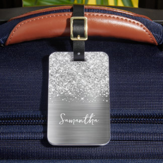 Glittery Silver Glam Script Name Luggage Tag