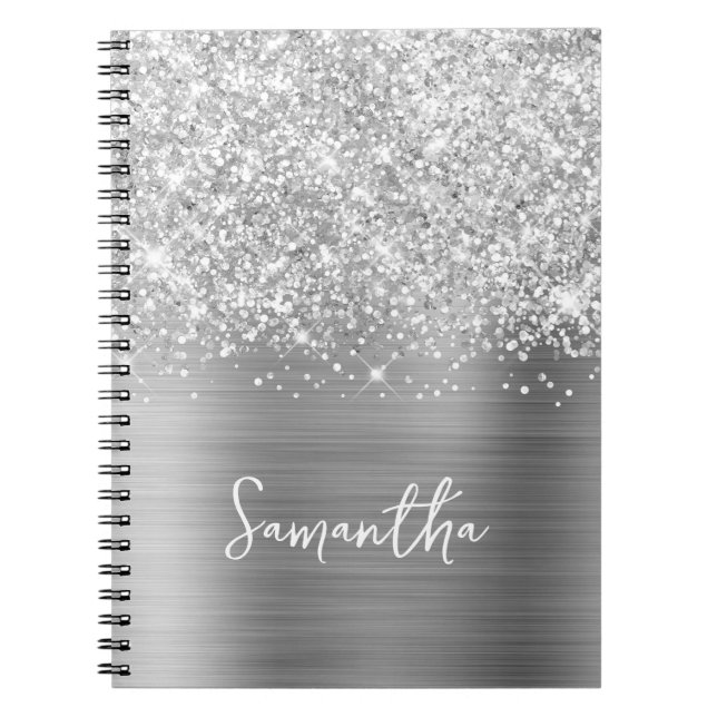 Glittery Silver Glam Script Name Notebook (Front)