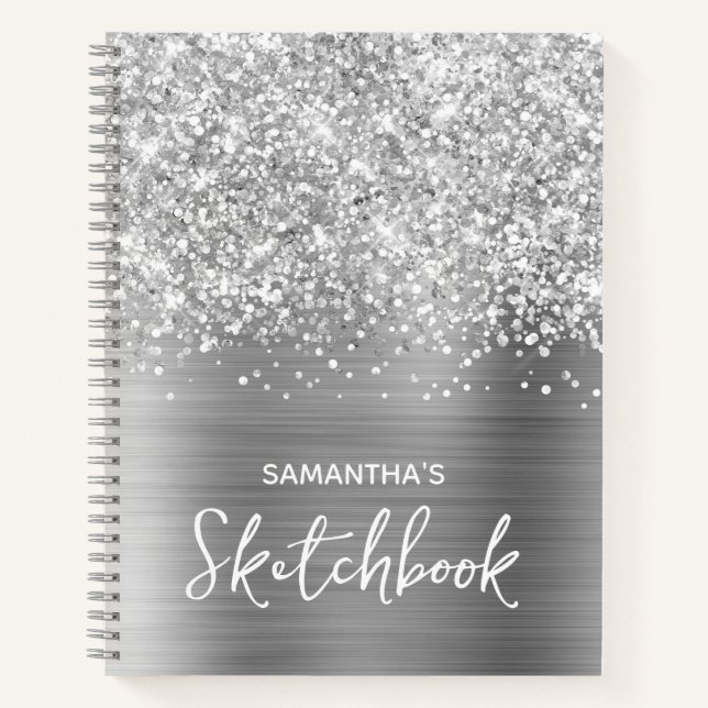 Glittery Silver Glam Sketchbook with Name Notebook (Front)