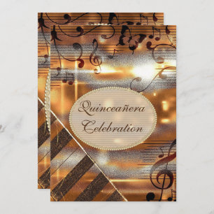 Glittery Silver & Gold Music Notes Quinceañera Invitation
