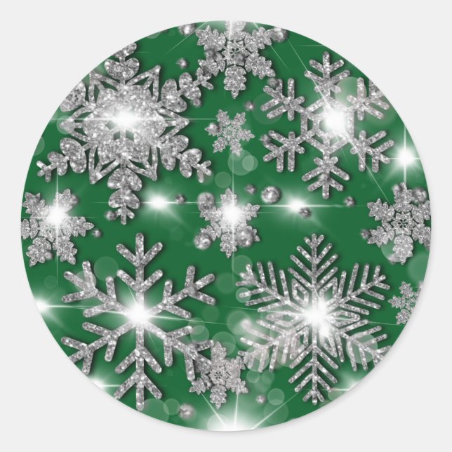 Glittery silver green festive snowflake pattern    classic round sticker (Front)