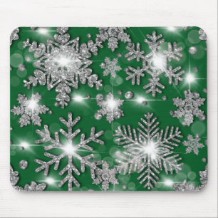 Glittery silver green festive snowflake pattern mouse mat