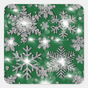 Glittery silver green festive snowflake pattern square sticker