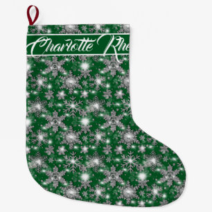 Glittery silver green festive snowflakes pattern   large christmas stocking
