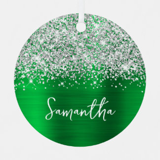 Glittery Silver Green Glam Name Metal Tree Decoration