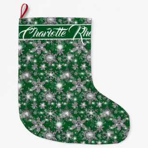 Glittery silver green snowflakes personalise large christmas stocking